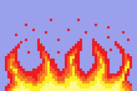 Pixel fire. Art 8 bit fire objects. Game icons set. Comic boom flame effects. Bang burst explode flash dynamite with smoke. Digital icons.のイラスト素材