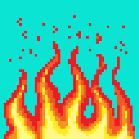 Pixel fire. Art 8 bit fire objects. Game icons set. Comic boom flame effects. Bang burst explode flash dynamite with smoke. Digital icons.のイラスト素材