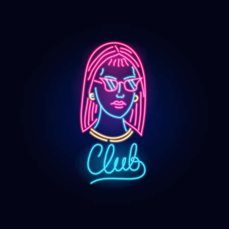 Neon Girl in glasses. Fashion sign. Night light signboard, Glowing banner. Summer emblem.のイラスト素材