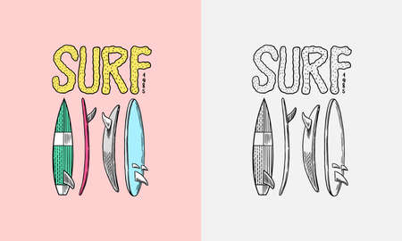 Surfboard sign. Summer Surf. Surface water sport. California card. Vintage Engraved emblem hand drawn.のイラスト素材
