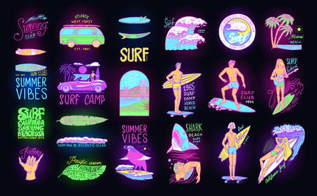 Summer Surf signs. Fashion neon Surfer banner. Retro Wave and palm. California card. Vintage Man on...