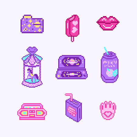 Pixel art 8 bit objects. Retro digital game assets. Set of Pink fashion icons. Vintage girly...