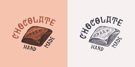 Chocolate bar. Vintage badge or logo for t-shirts, typography, shop or signboards. Hand Drawn engraved sketch. Vector illustration.のイラスト素材