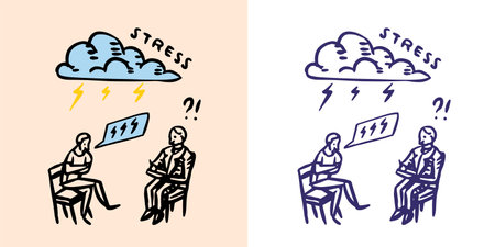 Counseling psychology or Psychotherapy. Psychological or talking therapy. Helping a person and overcoming problems. Thundercloud or storm cloud and the inscription stress. Hand drawn sketch.のイラスト素材
