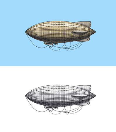 Airship or zeppelin and dirigible or blimp. Engraved hand drawn in old sketch style, vintage transport.のイラスト素材