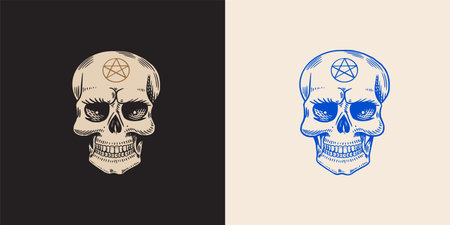Human skull. Retro old school sketch for tattoo in vintage style. Monochrome Symbol. Hand drawn engraved retro badge for t-shirt, banner, poster and logo. Vector illustrationのイラスト素材