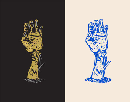 Hand of the dead. Halloween creeping zombie concept. Drawn engraved doodle sketch. Mystical Vector illustration for tattoo or t-shirt. Vector illustrationのイラスト素材