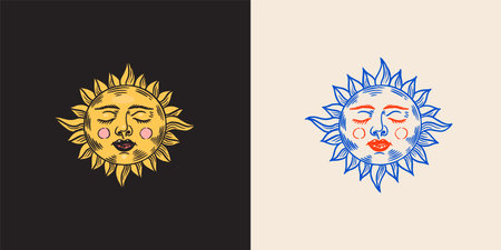 Mystical sleeping sun. Astronomy, alchemy and astrology symbol. Magic Gypsy Vector illustration. Hand drawn engraved doodle sketch. Vector illustrationのイラスト素材
