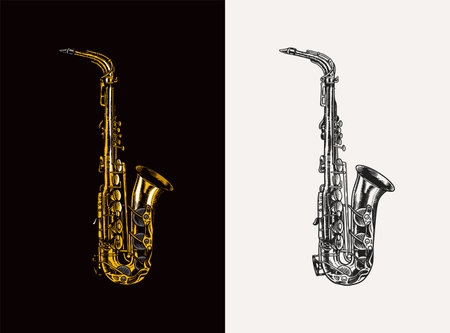 Jazz saxophone in monochrome engraved vintage style. Hand drawn trumpet sketch for blues and ragtime festival poster. Musical classical wind instrument. Vector illustrationのイラスト素材