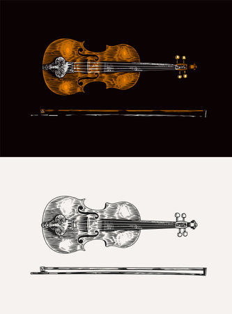 Jazz violin and bow in monochrome engraved vintage style. Hand drawn fiddle sketch for blues and ragtime festival poster. Musical classical stringed instrument. Vector illustrationのイラスト素材