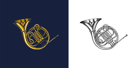 Jazz French horn in monochrome engraved vintage style. Hand drawn trumpet sketch for blues and ragtime festival poster. Musical classical wind instrument. Vector illustrationのイラスト素材