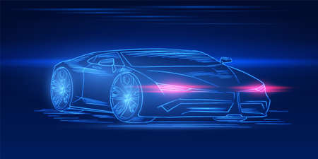 Futuristic sport car. Neon concept. Glowing electric virtual control. Traffic on a road....