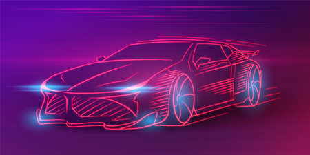 Futuristic sport car. Neon concept. Glowing electric virtual control. Traffic on a road. Minimalistic Background for interface or banner. Vector illustration. Side view.のイラスト素材