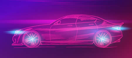 Futuristic sport car. Neon concept. Glowing electric virtual control. Traffic on a road. Minimalistic Background for interface or, banner. Vector illustration. Side view.のイラスト素材