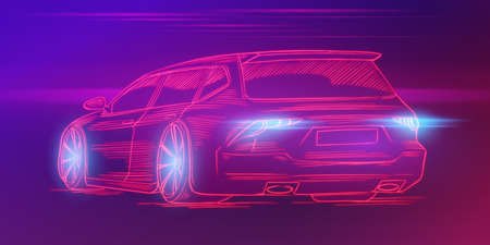 Futuristic sport car. Neon concept. Glowing electric virtual control. Traffic on a road....