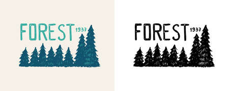 Christmas trees emblem or badge. Fir forest. Engraved hand drawn in old vintage sketch. Doodle Wooden travel. Hiking sticker.のイラスト素材