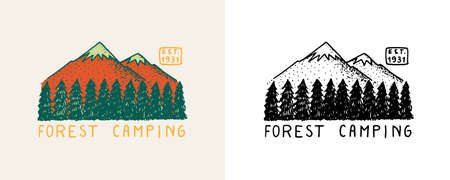 Mountain with trees and hill emblem. Camping badge. Fir forest and mount. Engraved hand drawn in old vintage sketch. Doodle Wooden travel logo. Explorer, wilderness sticker.のイラスト素材