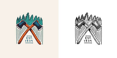 Christmas trees with an ax emblem or badge. Fir forest. Engraved hand drawn in old vintage sketch. Doodle Wooden travel logo. Hiking sticker.のイラスト素材