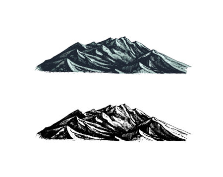 Mountains peaks. Old Hill. Vintage, looking hand drawn. Engraved style. Sketch for hiking, climbing. Doodle styleのイラスト素材