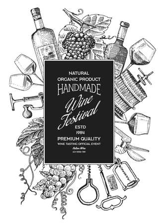 Wine poster or vineyard banner. Sparkling champagne background, Cheers toast and Grape. Hand Drawn engraved vintage old sketch for bar, alcohol label, restaurant menu.のイラスト素材
