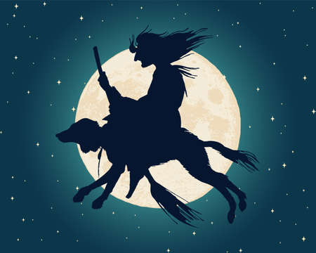 Witch flying over the moon in the night sky. Sorceress with a broomstick in vintage style. Mythical Magic Fortune silhouette. Halloween concept. Vector illustration.のイラスト素材