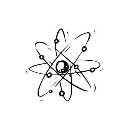 Atom surrounded by electrons. Nuclear power. Structure model sketch. Physics drawing. Education doodle icon. Outline black ink for infographic, website or app.のイラスト素材