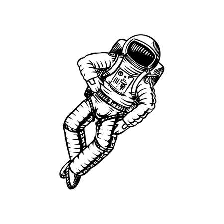 Astronaut spaceman. Astronomical galaxy space. Cosmonaut explore adventure. Engraved hand drawn in old sketch, vintage style for label or T-shirt.のイラスト素材