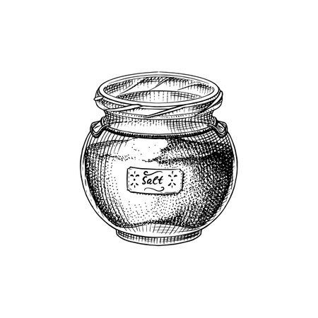 Sea salt in a glass jar. Piles of seeds in the bowl. Spice in natural packaging. Flavoring or saline. Vintage background banner. Engraved hand drawn old sketch.のイラスト素材