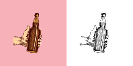 Beer glass, mug or bottle of Oktoberfest. Engraved in ink hand drawn in old sketch and vintage style for web, invitation to party or pub menu. design element isolated on white background.のイラスト素材