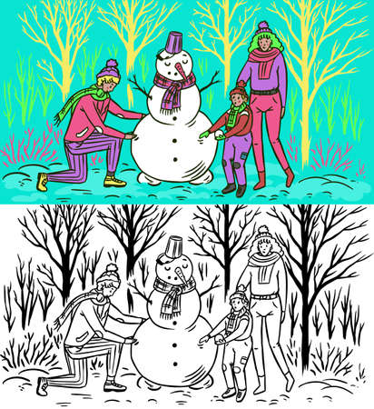 The family makes a snowman for Christmas. Mom Dad baby in the winter snowy forest. Cozy atmosphere. People in warm sweaters. Hand drawn sketch. Vintage engraved illustrationのイラスト素材