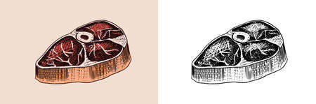 Grilled meat steak, BBQ Pork or beef Barbecue. Food in vintage style. Template for restaurant menu, emblems or badges. Hand drawn sketch.のイラスト素材