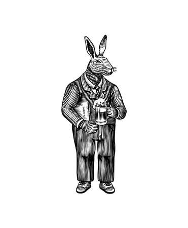 A hare man in a suit with a glass of beer. Rabbit or bunny. Fashion animal character. Hand drawn woodcut outline sketch. Vector engraved illustration for logo and tattoo or T-shirts.のイラスト素材
