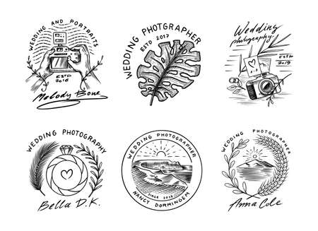 Wedding photographer badges or logos. Photo camera for the holiday. Photography Community. Templates for Retro Studio, vintage store or shop. Hand drawn sketch for postcard, banners.のイラスト素材