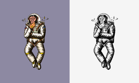 Monkey astronaut. Pensive thoughtful pose. Chimpanzee spaceman cosmonaut character. Fashionable animal. Hand drawn Engraved old monochrome sketch. Vector illustration for t-shirt, tattooのイラスト素材