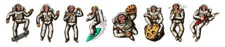 Monkey astronaut with whale, guitar, skateboard and moon. Chimpanzee spaceman cosmonaut characters set. Astronomical galaxy space. Funny cosmonaut explore adventure.Hand drawn old sketch lineのイラスト素材