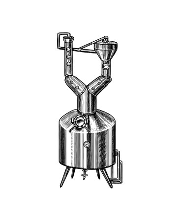 Pot Swan necked copper stills distillery for making alcohol. Engraved hand drawn vintage retro sketch for whiskey label or alcohol menu. Vector illustration.のイラスト素材