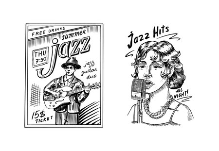 Woman jazz singer sings into a microphone. Male musician with a guitar in a hat on a poster.のイラスト素材
