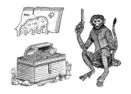 Monkey pirate with a revolver and a chest of gold and a piece of a nautical chart. Engraved hand drawn, vintage sketch for tattoo or print on t-shirt.のイラスト素材