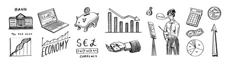 Economy poster. Finance and money. Piggy bank, calculator and graphs. Set of hand drawn icons for business in investments. Hand drawn Sketch. Doodle vector illustration.のイラスト素材
