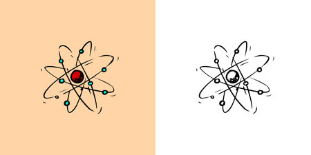 Atom surrounded by electrons. Nuclear power. Structure model sketch. Physics drawing. Education doodle icon. Outline black ink for infographic, website or app.のイラスト素材