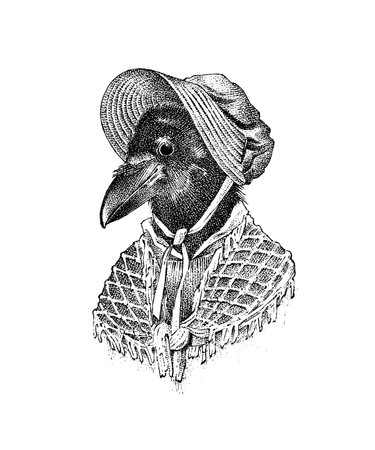 Crow lady or dame. Character in a hat. Fashionable Aristocrat. Hand drawn bird. Engraved old monochrome sketch.のイラスト素材