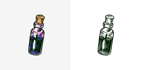 Bottles with potion. Nostrum or arcanum. Vintage engraving sketch. Doodle outline. Hand drawing.のイラスト素材