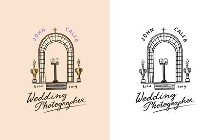 Wedding arch. Photographer badge or logo. Template for studio or store or shop. Hand drawn sketch for postcard, banner in simple minimalistic style.のイラスト素材