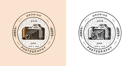 Photo camera for the holiday. Wedding photographer badge or logo. Template for studio, vintage store or shop. Hand drawn sketch for postcard, banner in simple minimalistic style.のイラスト素材