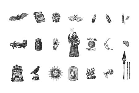 Witch brews a potion in a cauldron. Magic ball, book of spells, black cat, beldam and sorcery, Crow on skull. Sun and a Crescent moon with face. Halloween elements. Hand drawn engraved vintage sketchのイラスト素材