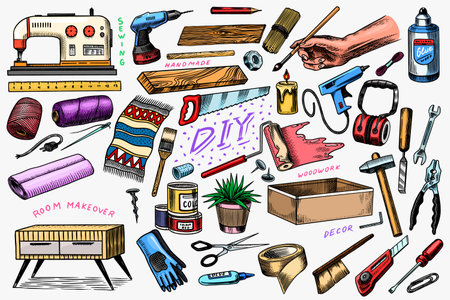 DIY icons. Hardware Shop concept. Glue, wood planks, sewing machine. Tools or instruments for home renovation. Banner poster template. Do it yourself. Engraved doodle vintage sketch hand drawn.のイラスト素材