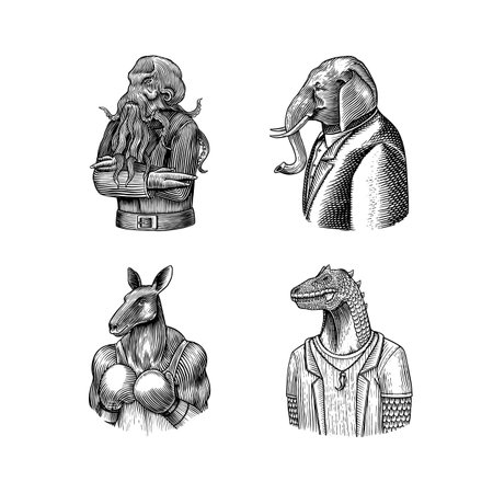 Octopus, t-rex dinosaur, Elephant gentleman, boxer kangaroo. Gentleman Fashion animal character in a suit. Hand drawn sketch.のイラスト素材