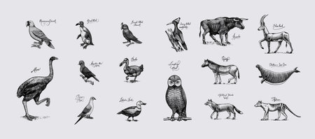 Extinct species. Wild mammal animals and birds. Dodo, Moa, Tasmanian wolf, Quagga. Aurochs. Blue antelope. Hand drawn vector engraved sketch. Graphic vintage style.の写真素材