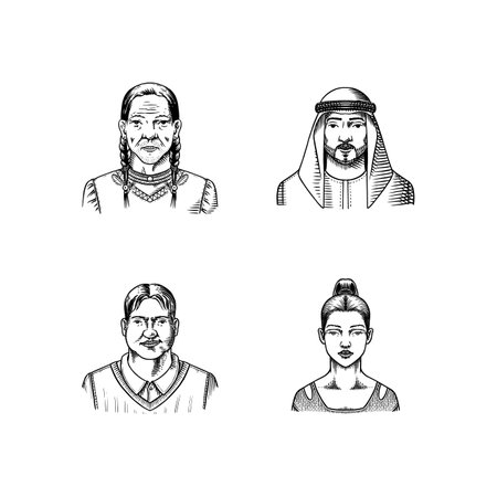 Human Avatars Collection. Diverse faces of people. Characters set. Happy emotions. Portrait for social media, website. Men and women, grandparents and girls. Hand drawn doodle sketch.のイラスト素材
