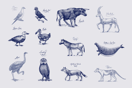 Extinct species. Wild mammal animals and birds. Dodo, Moa, Tasmanian wolf, Quagga. Aurochs. Blue antelope. Hand drawn vector engraved sketch. Graphic vintage style.のイラスト素材